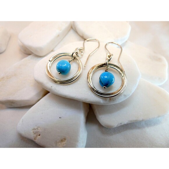 Sterling Silver Natural Turquoise Bead Hoop Earrings Minimalist Handmade - Picture 5 of 6